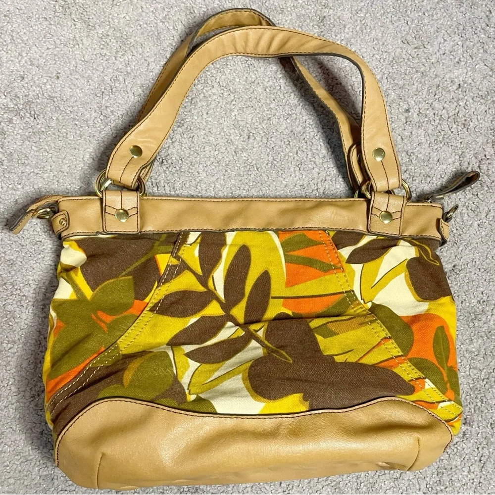 RELIC Brown Yellow Orange Floral Canvas Vinyl Zipper Satchel Handbag